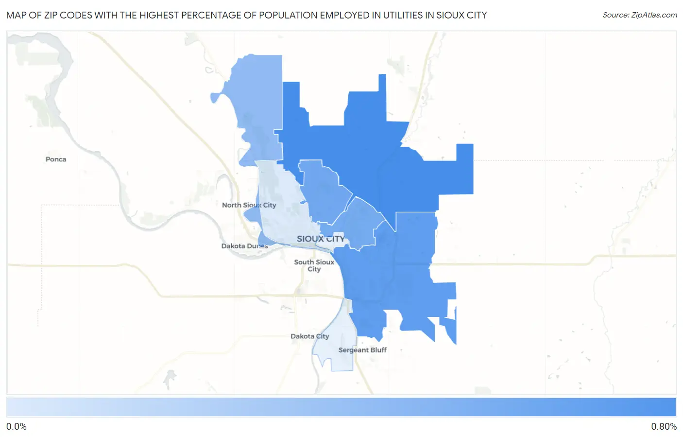 Zip Codes with the Highest Percentage of Population Employed in Utilities in Sioux City Map