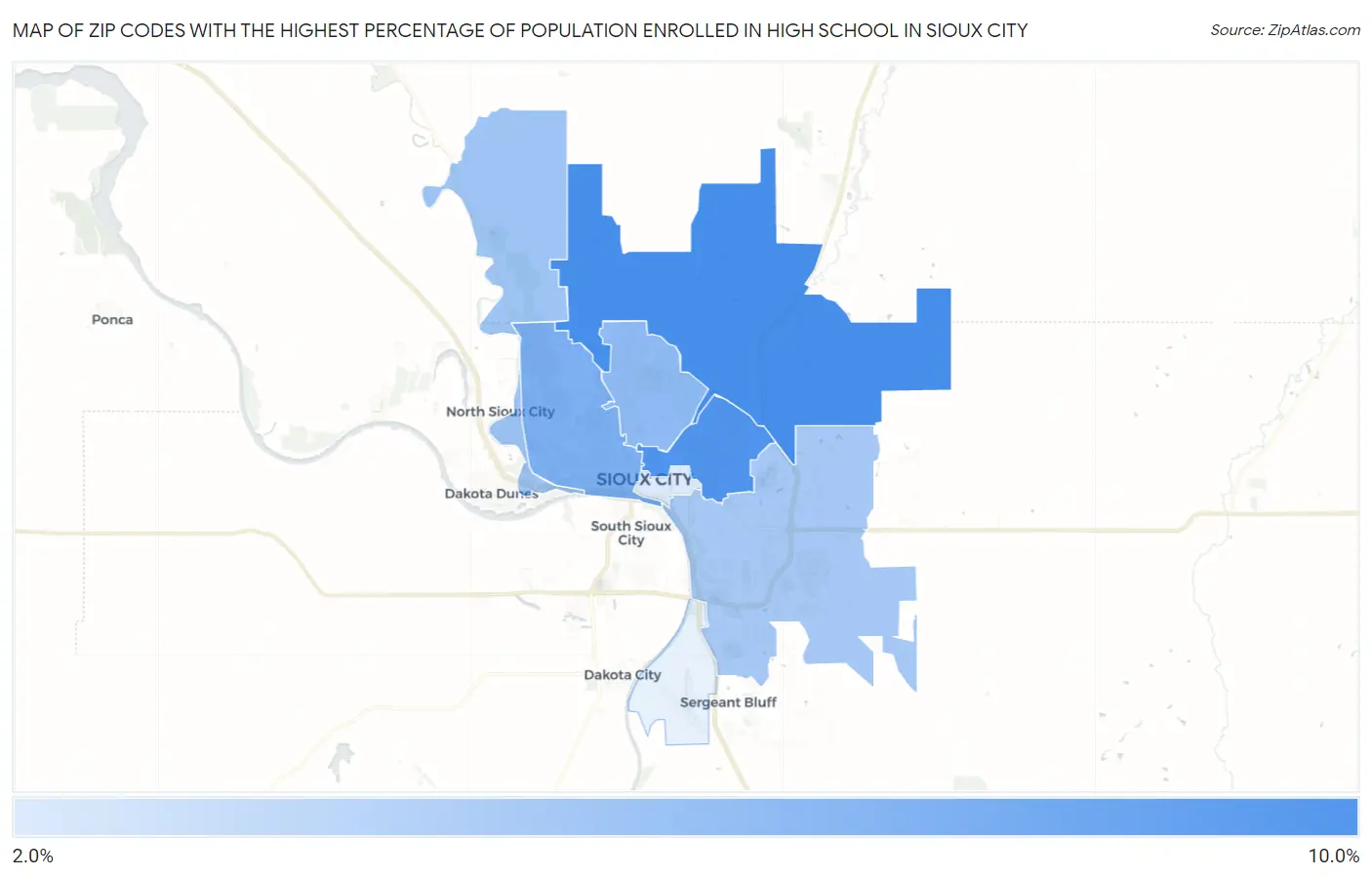 Zip Codes with the Highest Percentage of Population Enrolled in High School in Sioux City Map