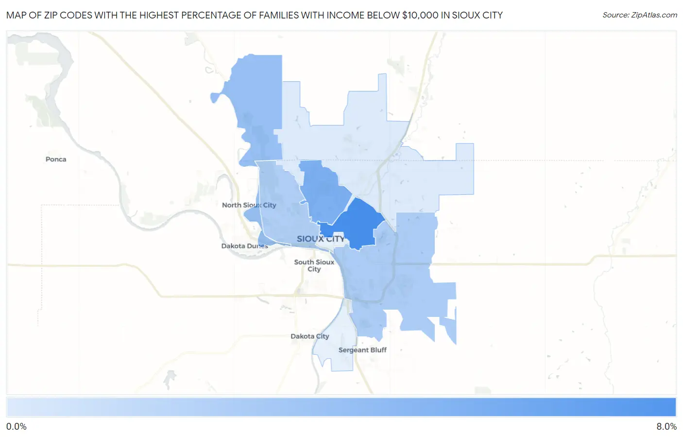 Zip Codes with the Highest Percentage of Families with Income Below $10,000 in Sioux City Map