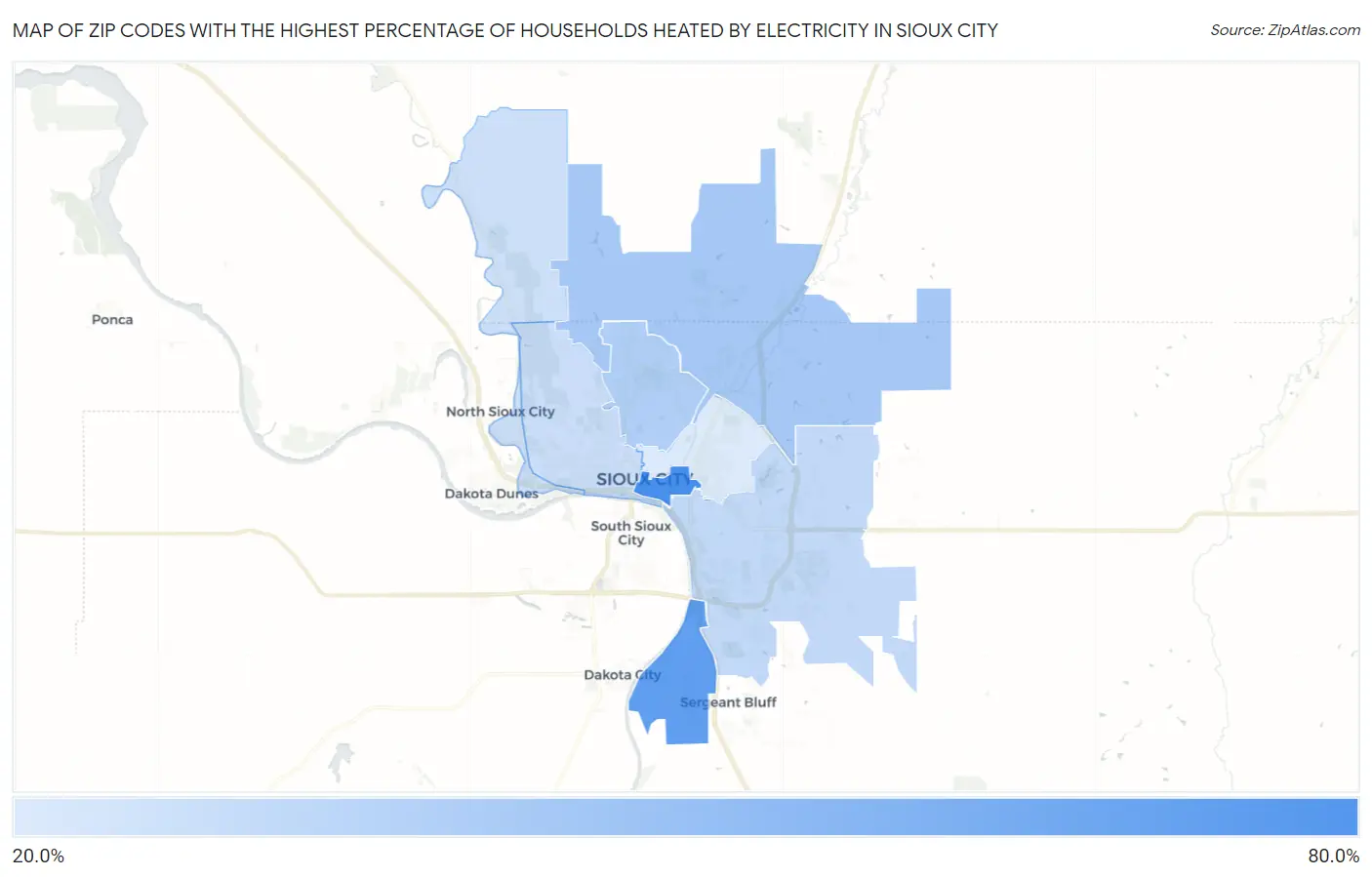 Zip Codes with the Highest Percentage of Households Heated by Electricity in Sioux City Map