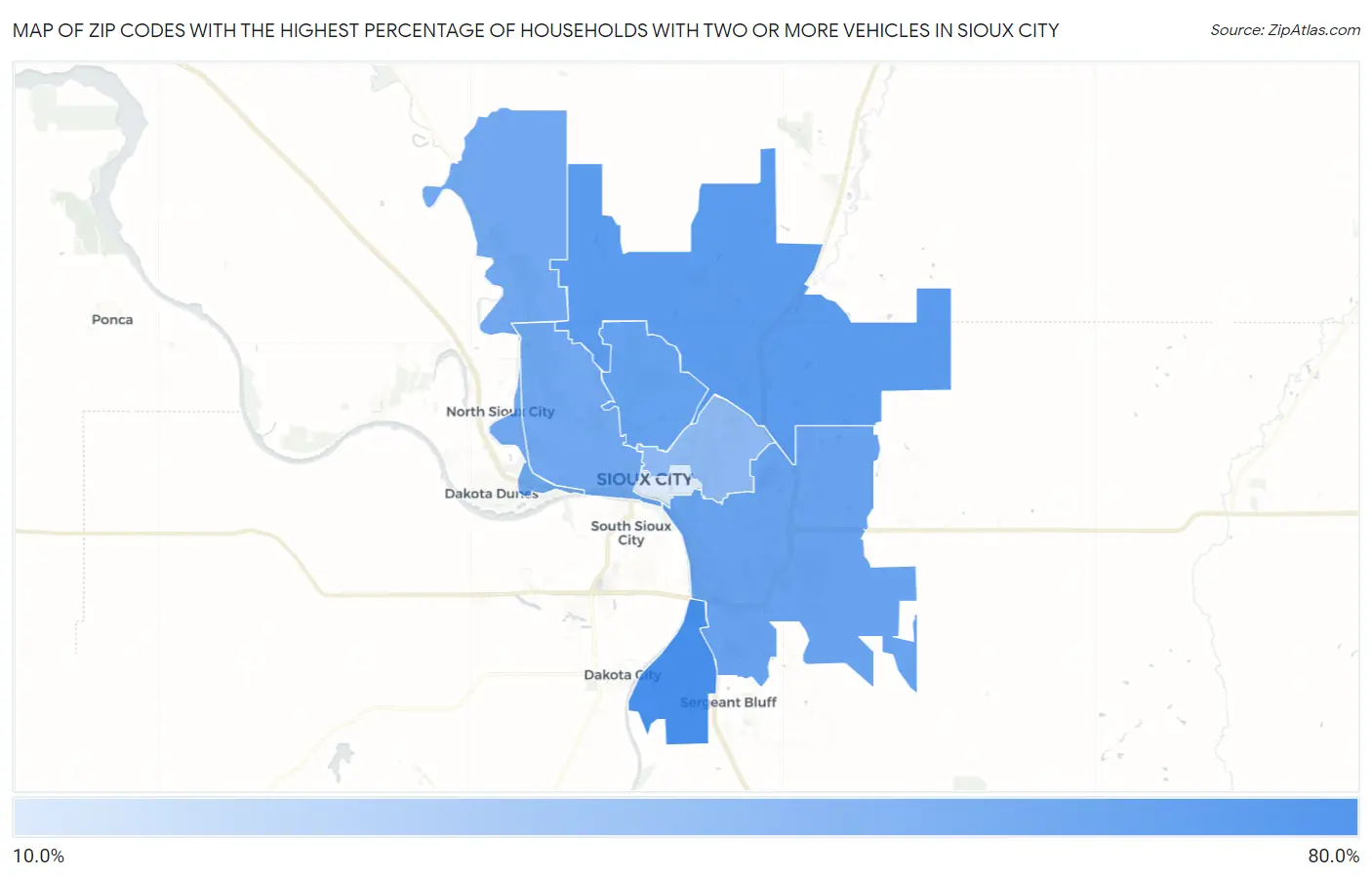 Zip Codes with the Highest Percentage of Households With Two or more Vehicles in Sioux City Map