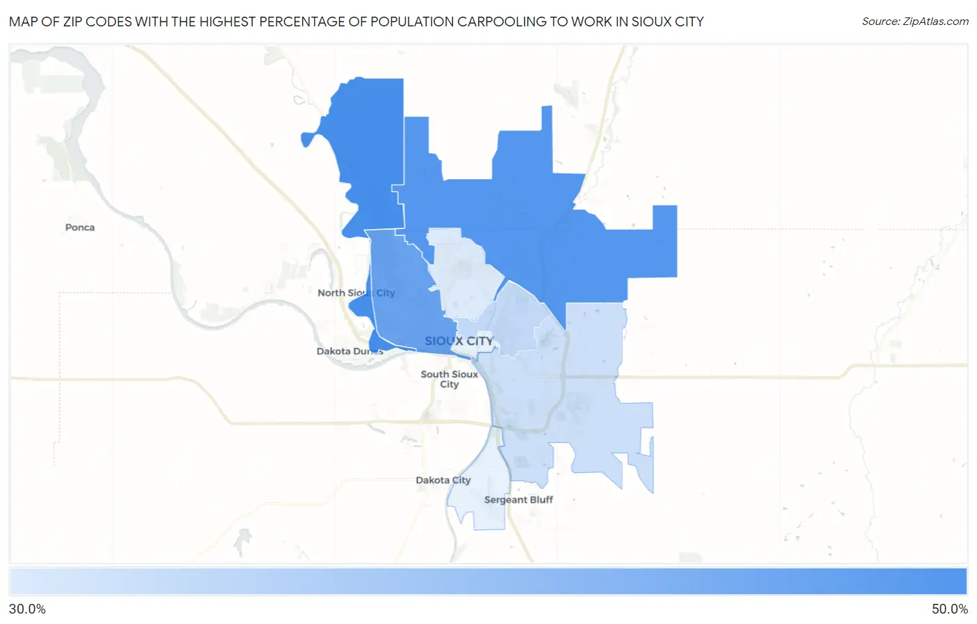 Zip Codes with the Highest Percentage of Population Carpooling to Work in Sioux City Map