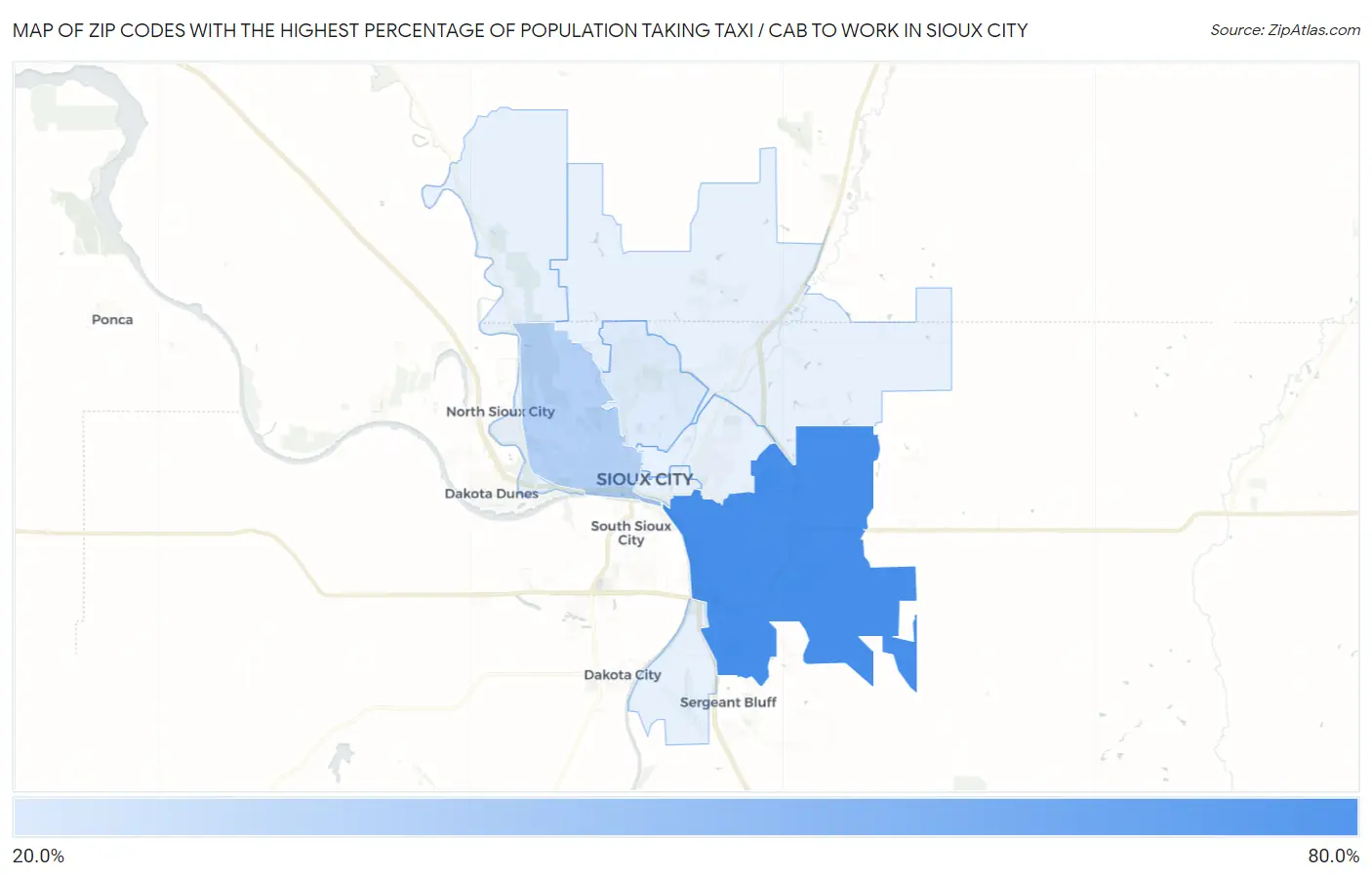 Zip Codes with the Highest Percentage of Population Taking Taxi / Cab to Work in Sioux City Map