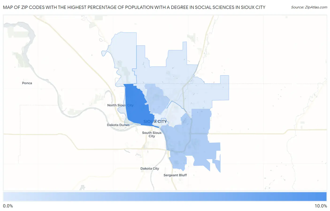 Zip Codes with the Highest Percentage of Population with a Degree in Social Sciences in Sioux City Map