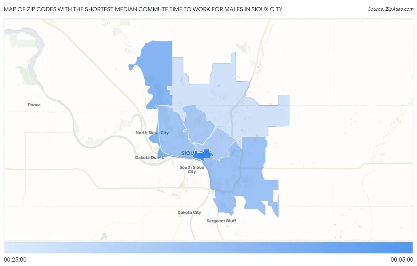Zip Codes with the Shortest Median Commute Time to Work for Males in Sioux City Map