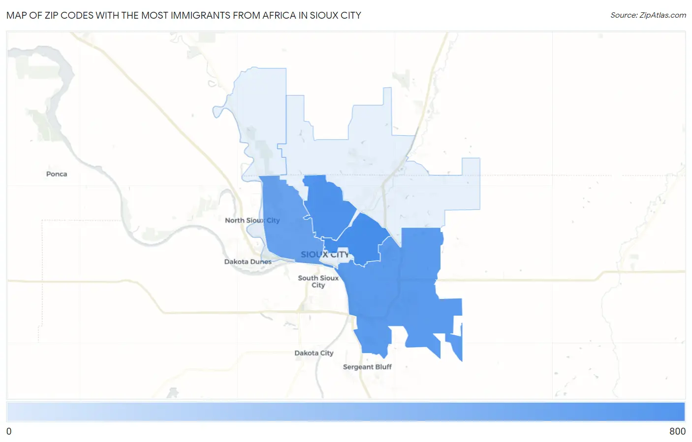 Zip Codes with the Most Immigrants from Africa in Sioux City Map