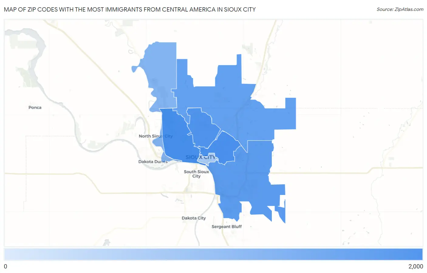 Zip Codes with the Most Immigrants from Central America in Sioux City Map