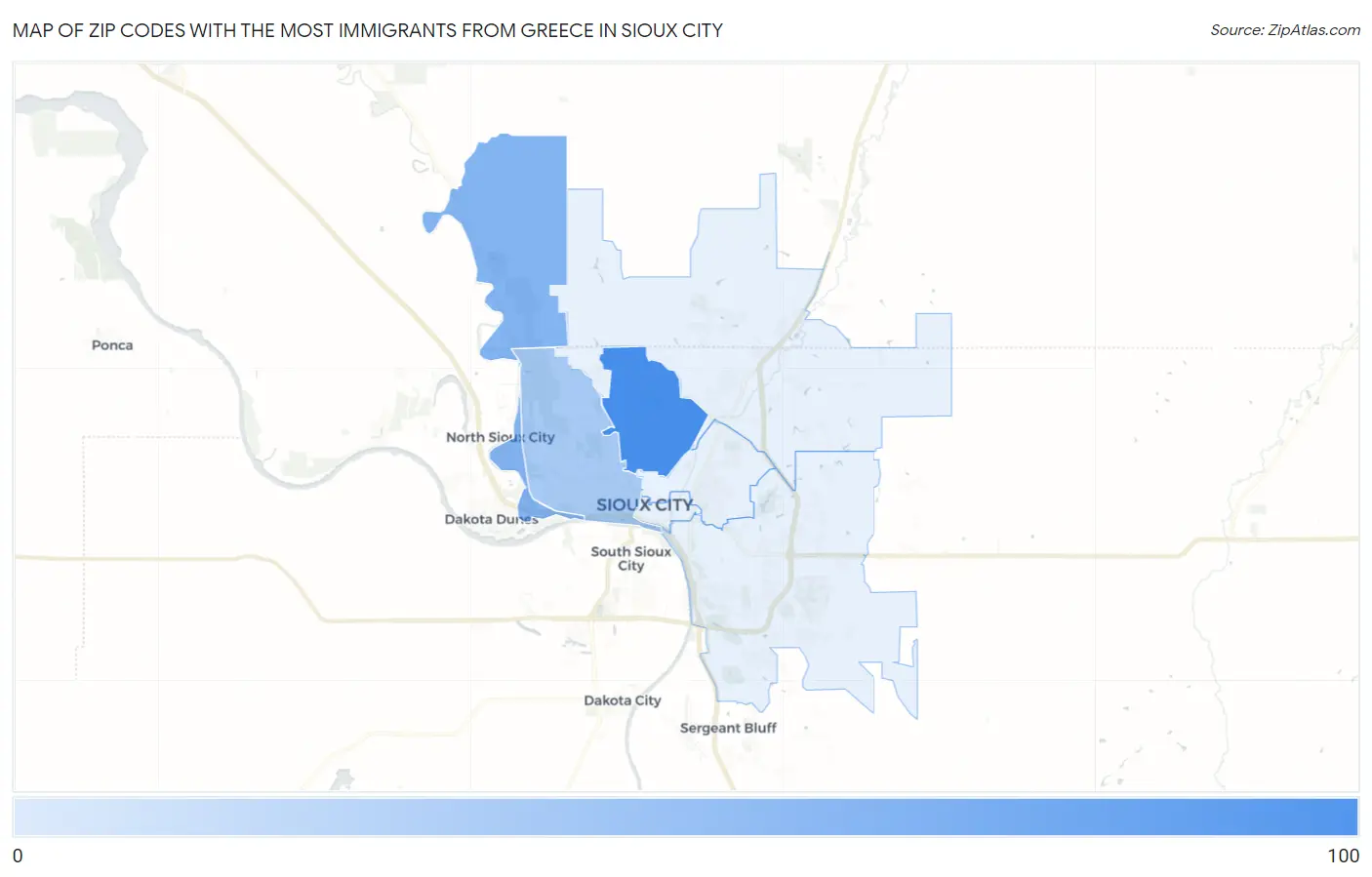 Zip Codes with the Most Immigrants from Greece in Sioux City Map
