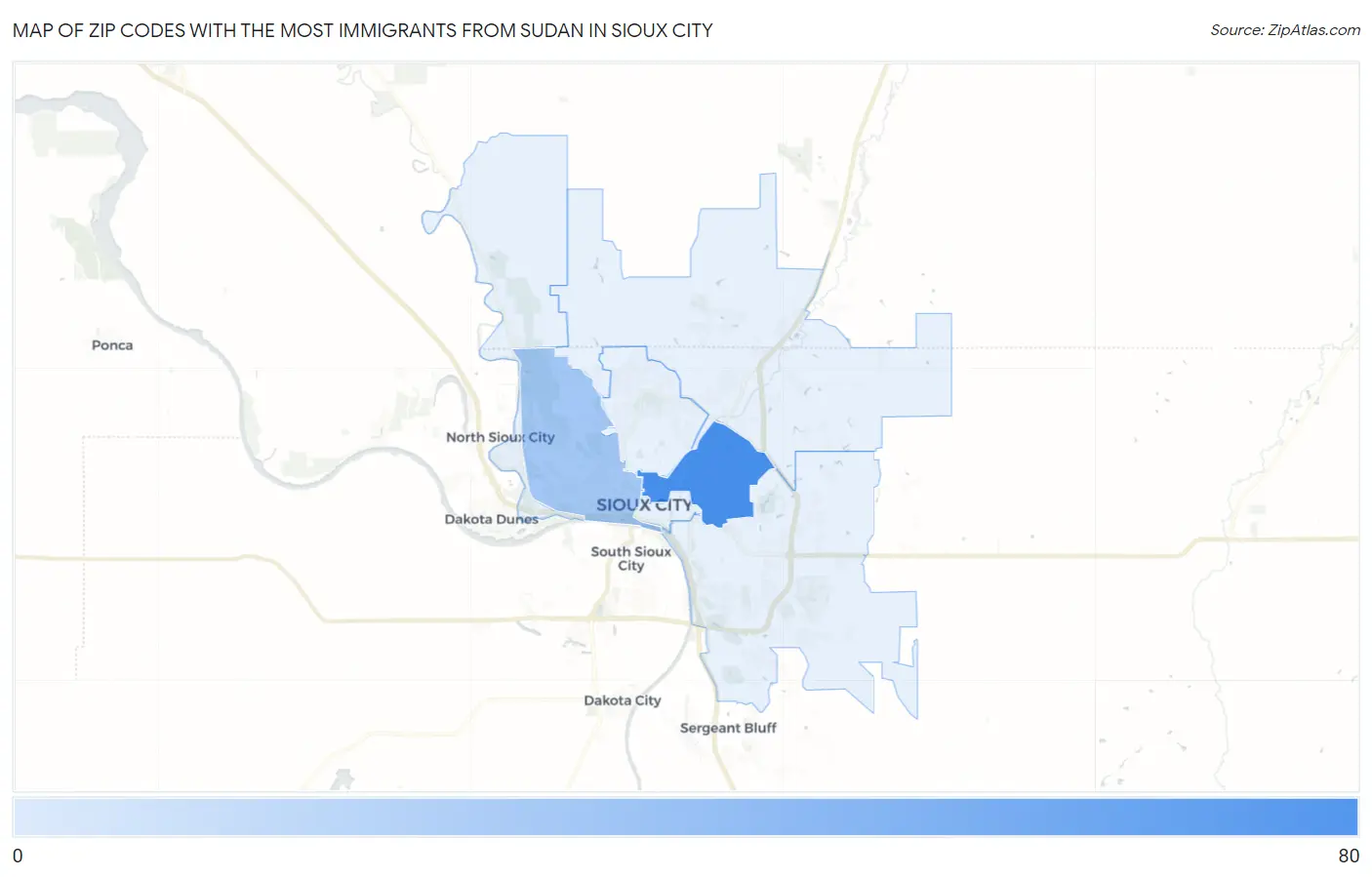 Zip Codes with the Most Immigrants from Sudan in Sioux City Map