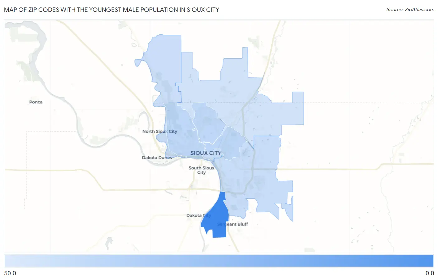 Zip Codes with the Youngest Male Population in Sioux City Map