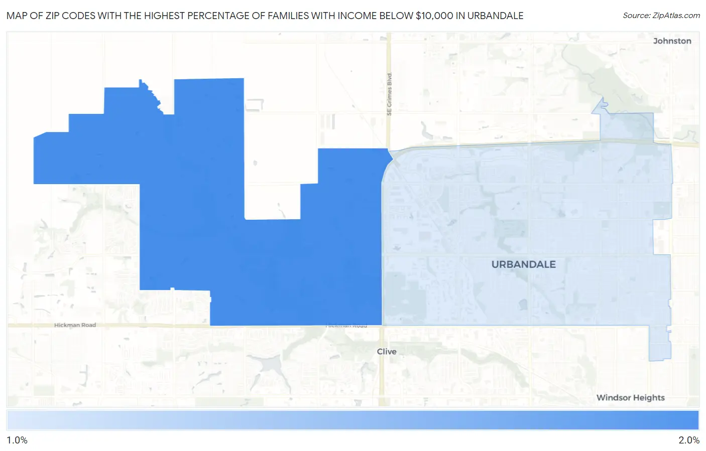Zip Codes with the Highest Percentage of Families with Income Below $10,000 in Urbandale Map