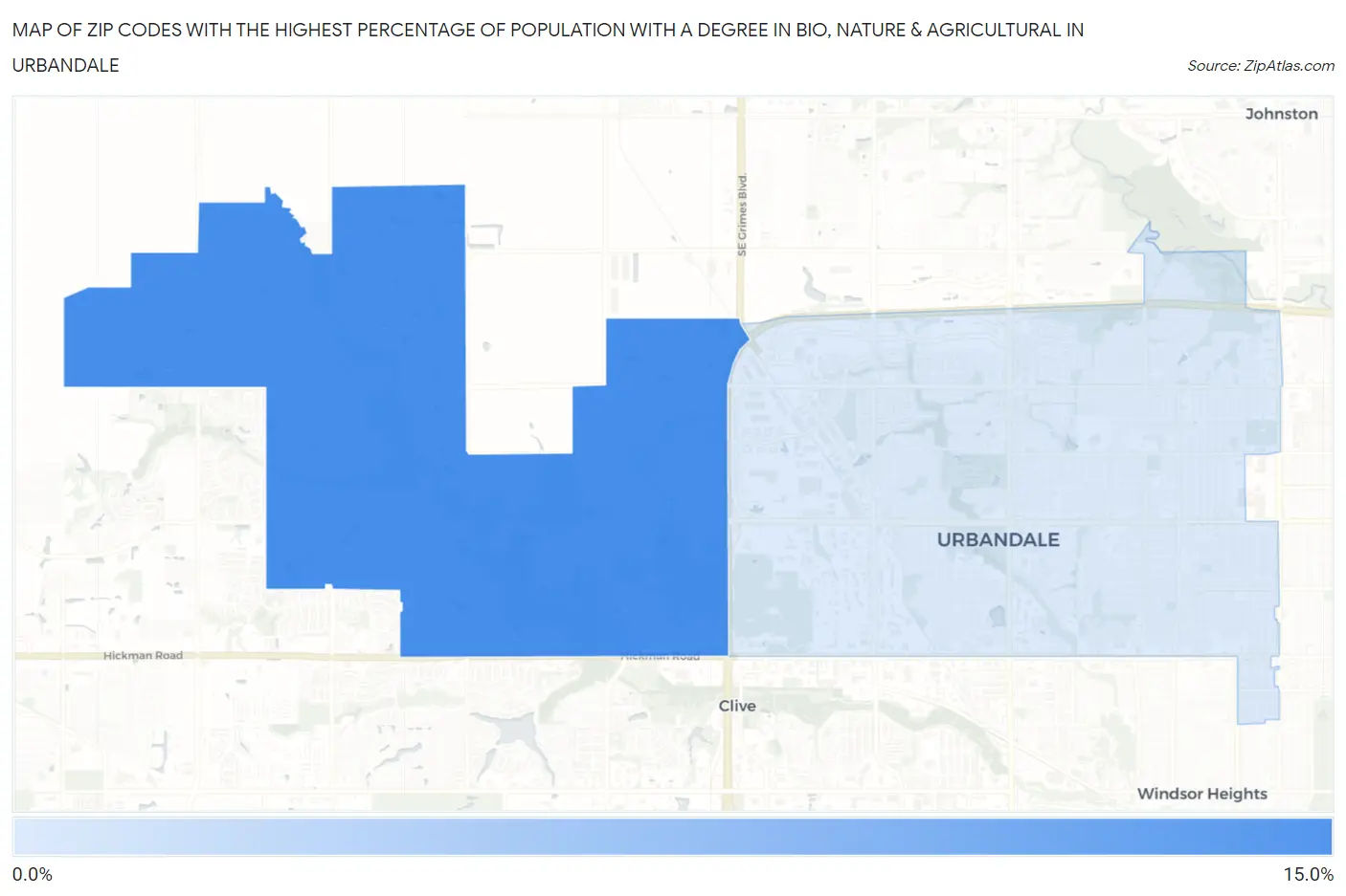 Zip Codes with the Highest Percentage of Population with a Degree in Bio, Nature & Agricultural in Urbandale Map