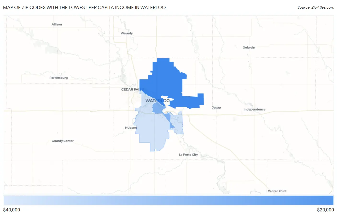 Zip Codes with the Lowest Per Capita Income in Waterloo Map