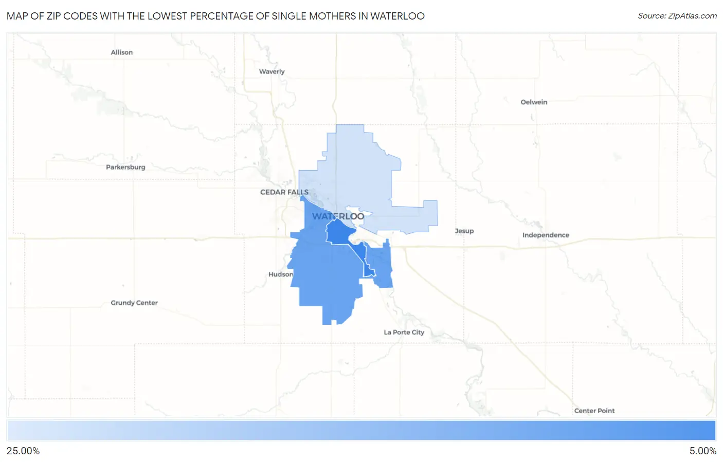 Zip Codes with the Lowest Percentage of Single Mothers in Waterloo Map
