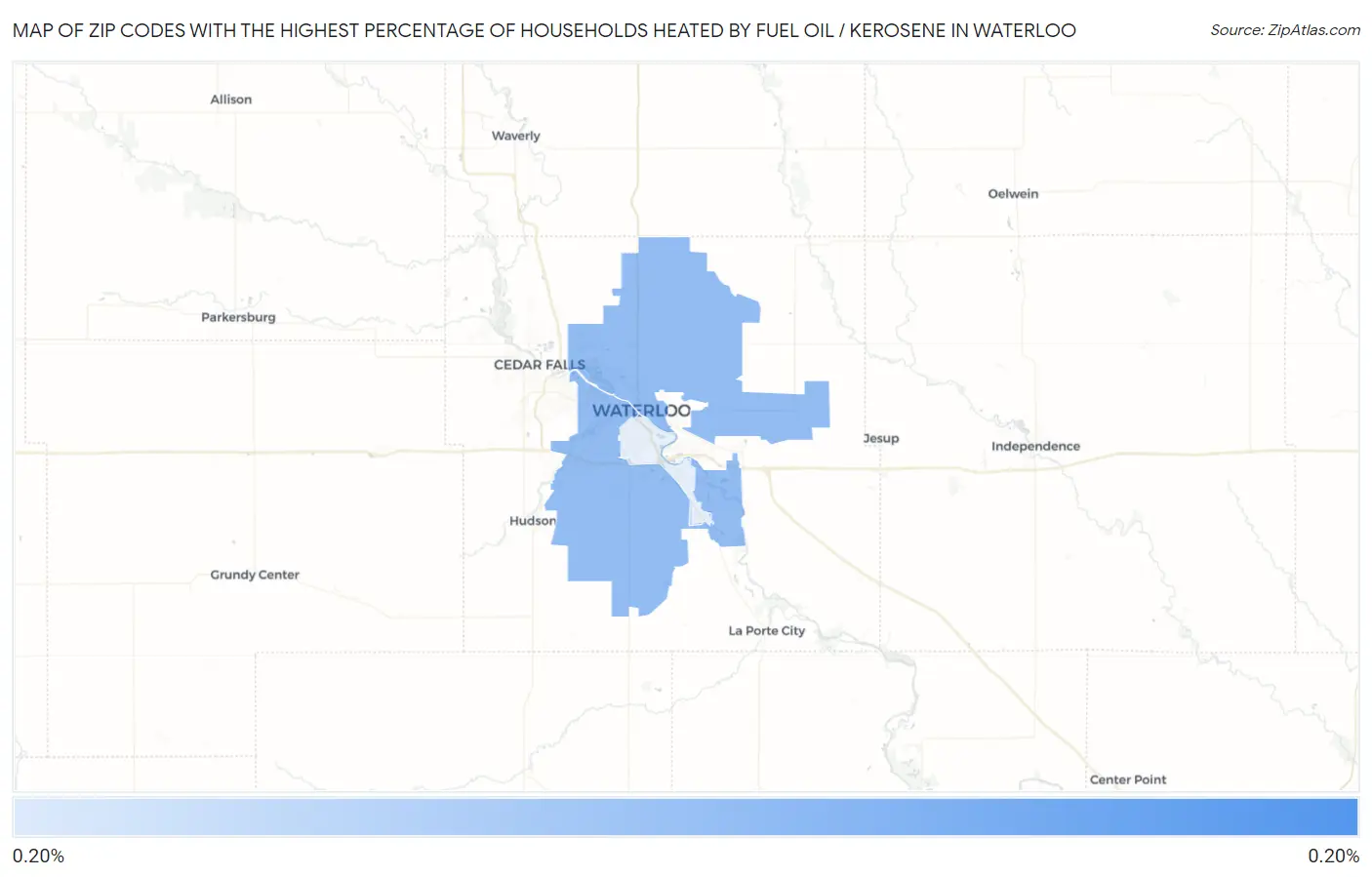 Zip Codes with the Highest Percentage of Households Heated by Fuel Oil / Kerosene in Waterloo Map