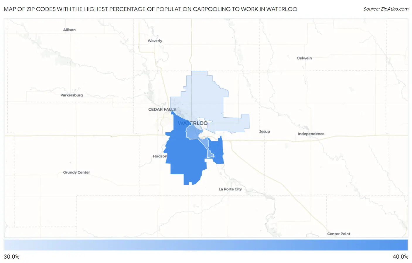 Zip Codes with the Highest Percentage of Population Carpooling to Work in Waterloo Map
