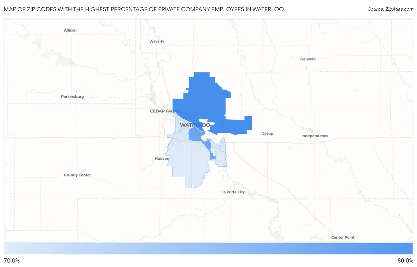 Zip Codes with the Highest Percentage of Private Company Employees in Waterloo Map