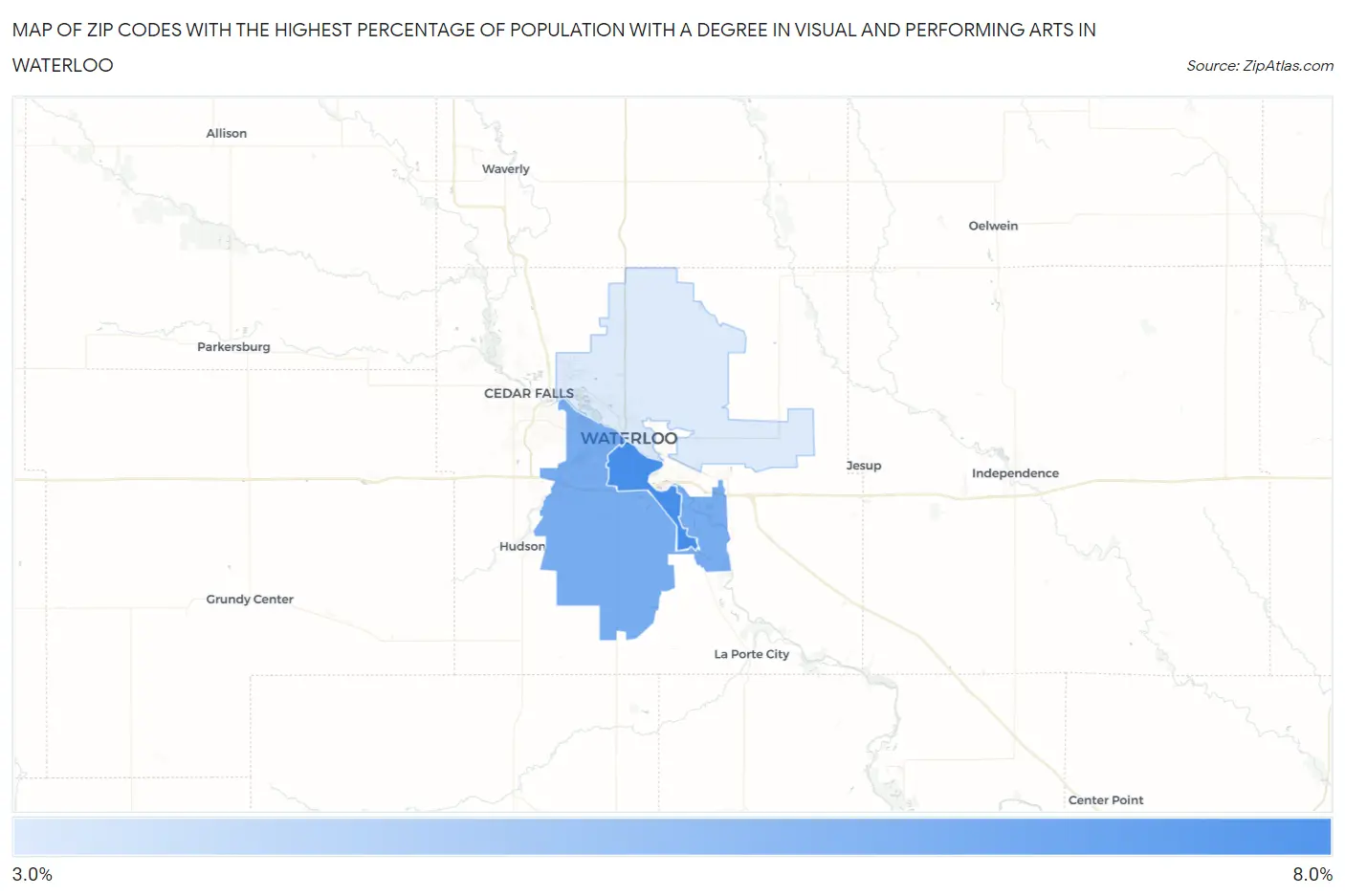 Zip Codes with the Highest Percentage of Population with a Degree in Visual and Performing Arts in Waterloo Map