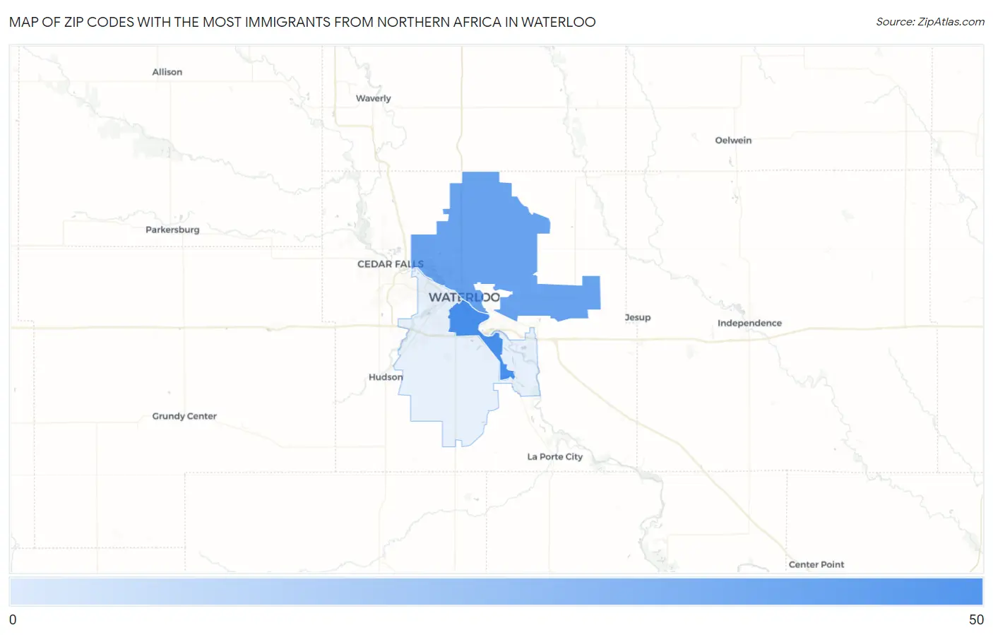 Zip Codes with the Most Immigrants from Northern Africa in Waterloo Map