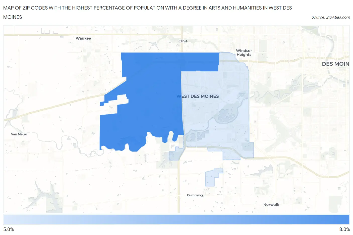 Zip Codes with the Highest Percentage of Population with a Degree in Arts and Humanities in West Des Moines Map
