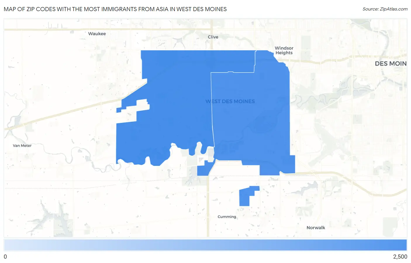 Zip Codes with the Most Immigrants from Asia in West Des Moines Map