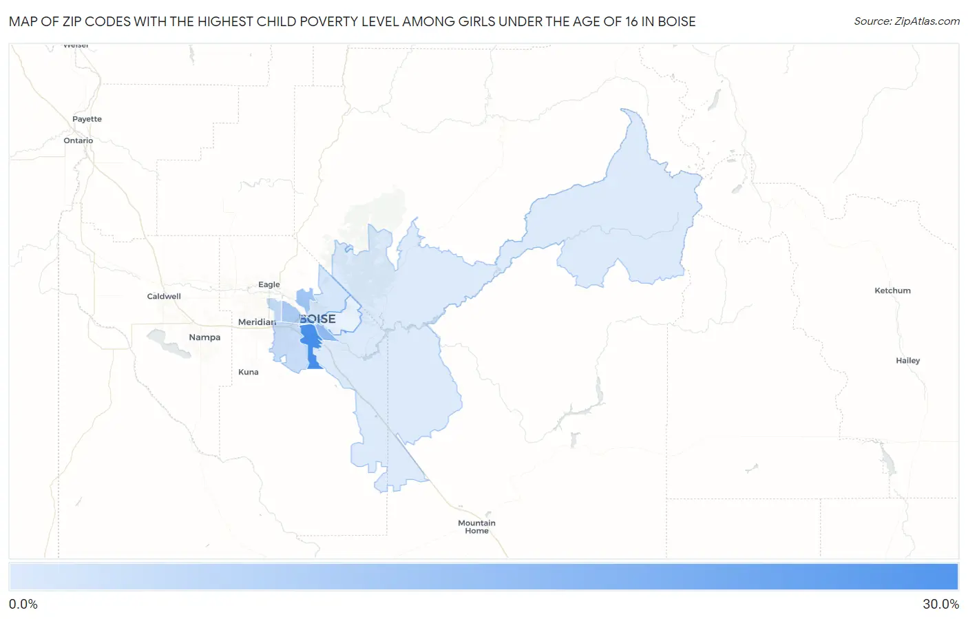 Zip Codes with the Highest Child Poverty Level Among Girls Under the Age of 16 in Boise Map