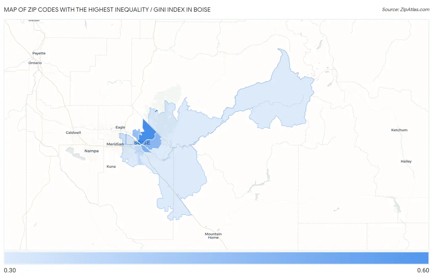 Zip Codes with the Highest Inequality / Gini Index in Boise Map