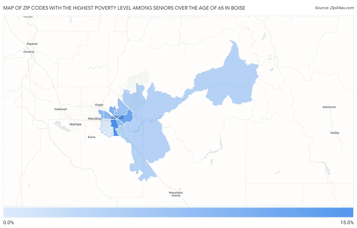 Zip Codes with the Highest Poverty Level Among Seniors Over the Age of 65 in Boise Map