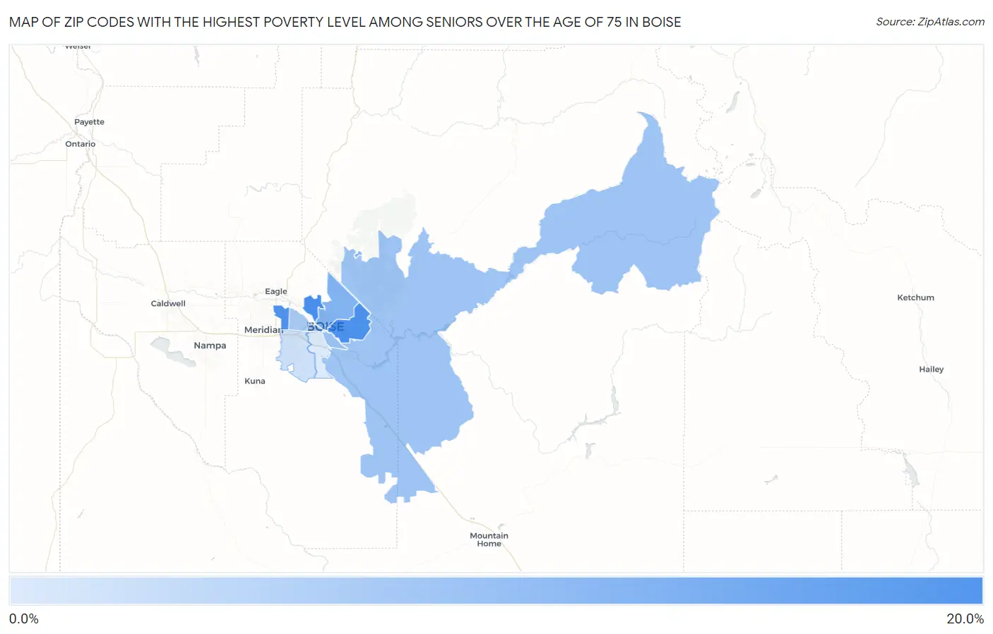 Zip Codes with the Highest Poverty Level Among Seniors Over the Age of 75 in Boise Map