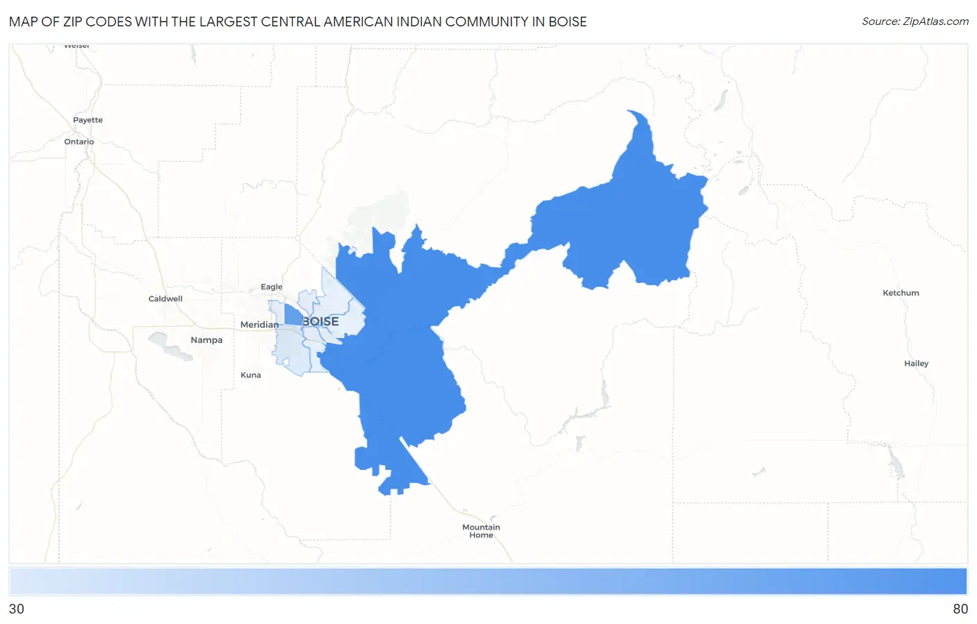 Zip Codes with the Largest Central American Indian Community in Boise Map