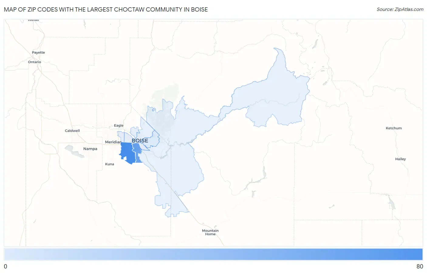 Zip Codes with the Largest Choctaw Community in Boise Map