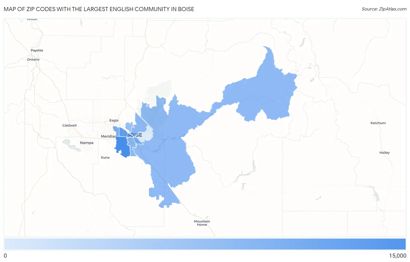 Zip Codes with the Largest English Community in Boise Map