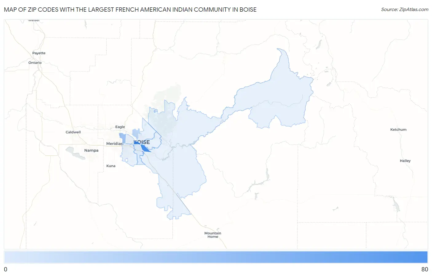 Zip Codes with the Largest French American Indian Community in Boise Map
