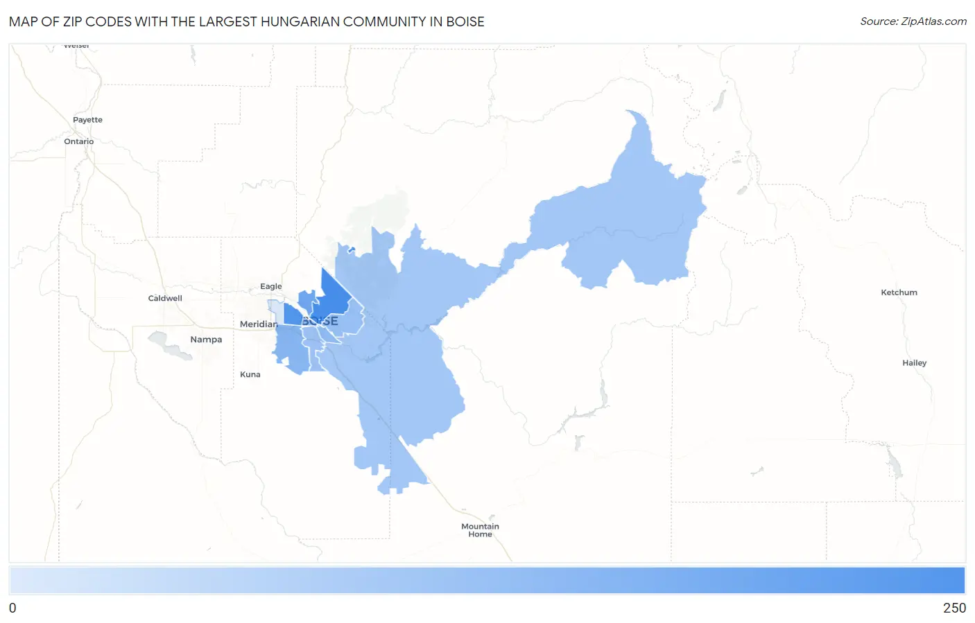 Zip Codes with the Largest Hungarian Community in Boise Map