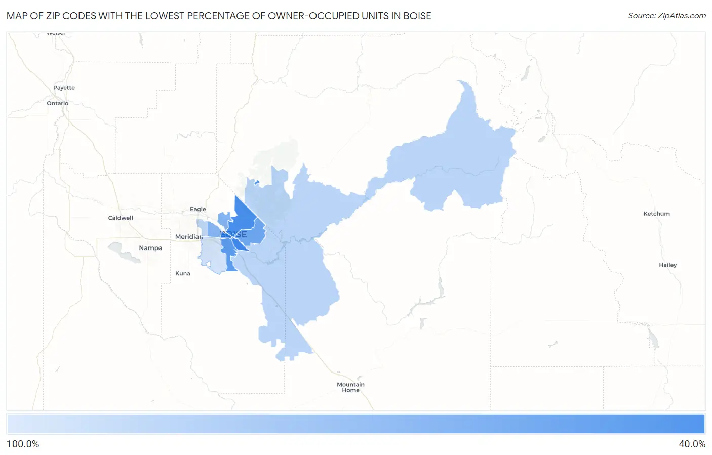 Zip Codes with the Lowest Percentage of Owner-Occupied Units in Boise Map