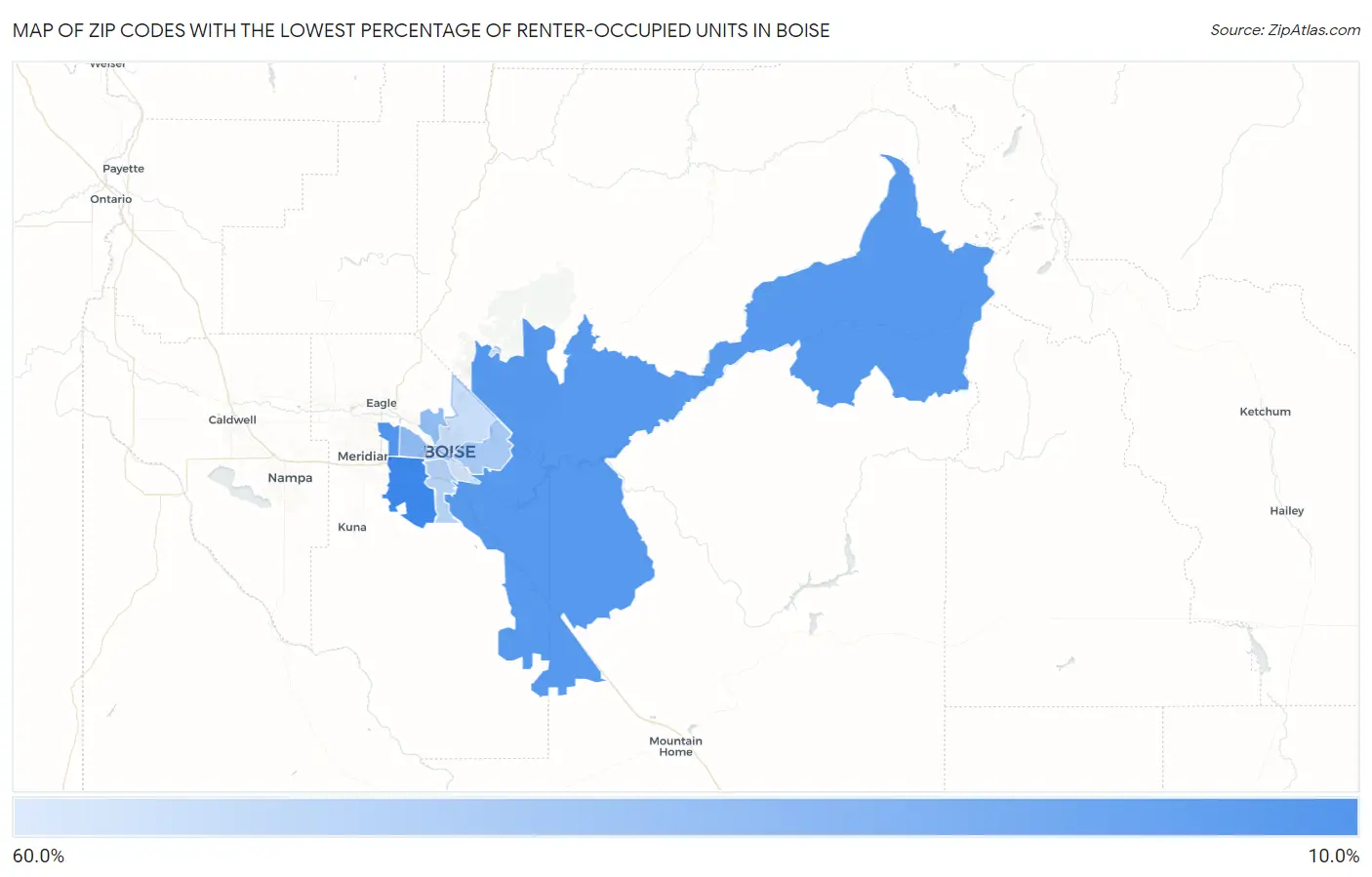 Zip Codes with the Lowest Percentage of Renter-Occupied Units in Boise Map