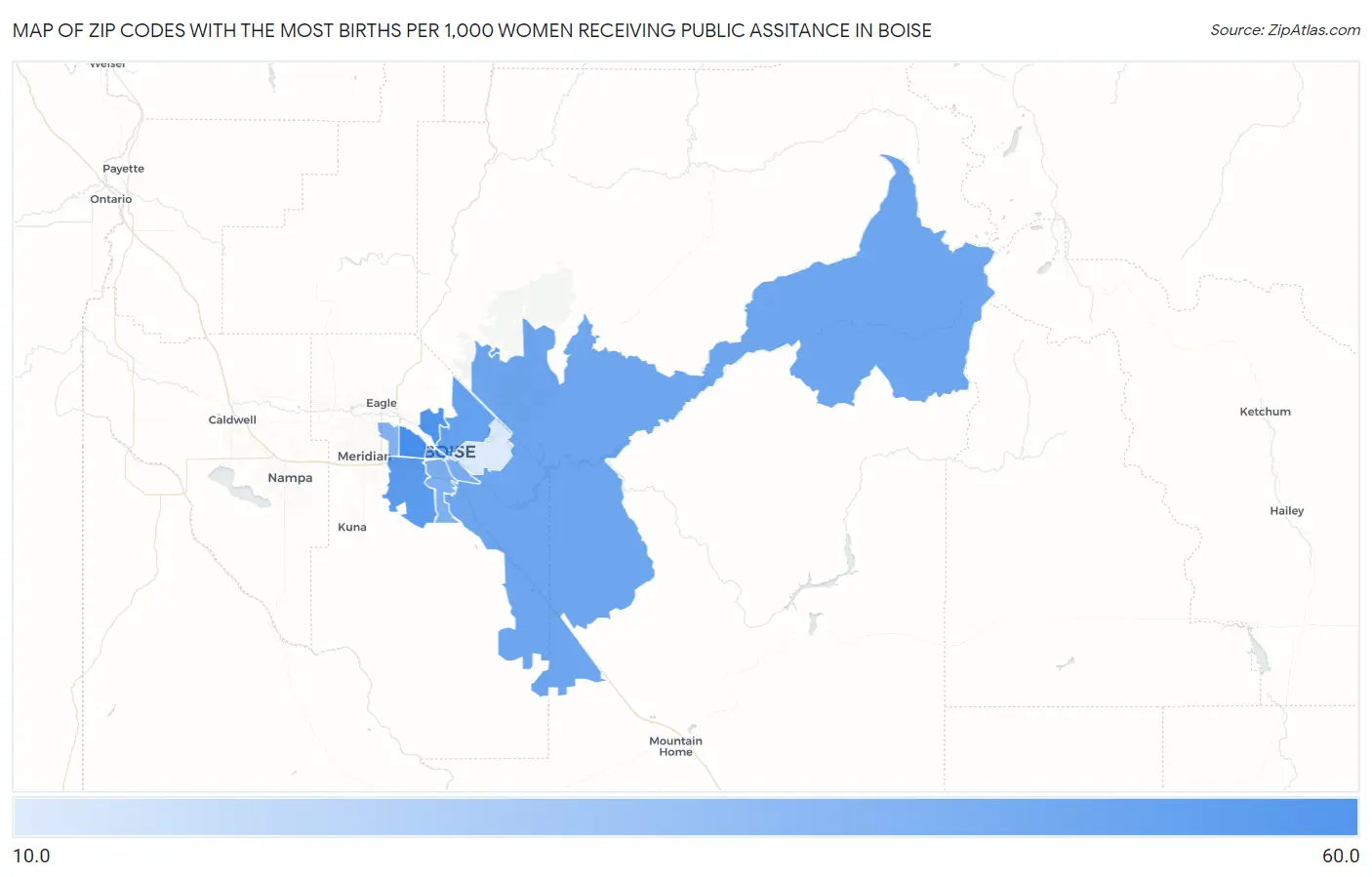 Zip Codes with the Most Births per 1,000 Women Receiving Public Assitance in Boise Map