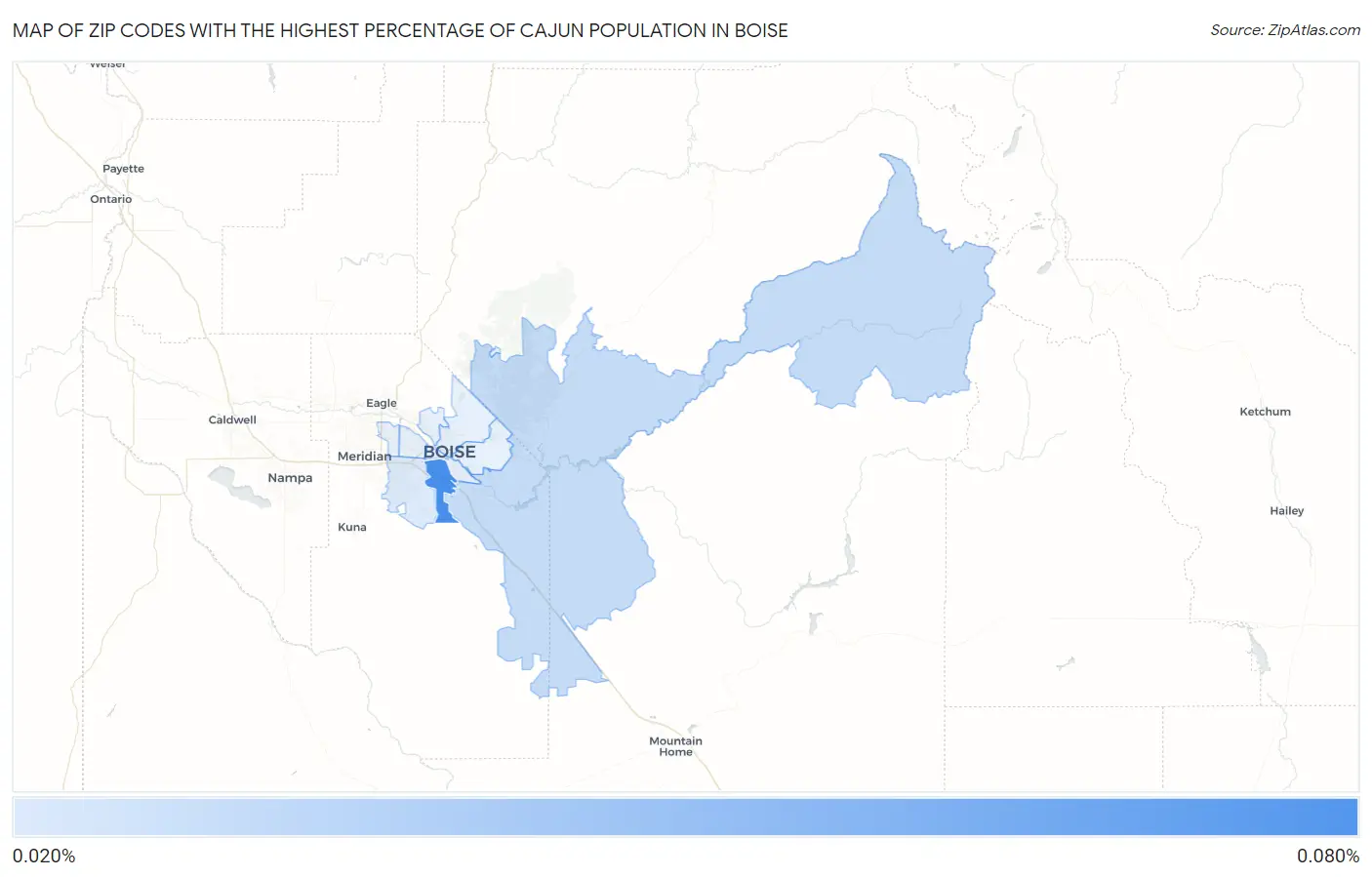 Zip Codes with the Highest Percentage of Cajun Population in Boise Map