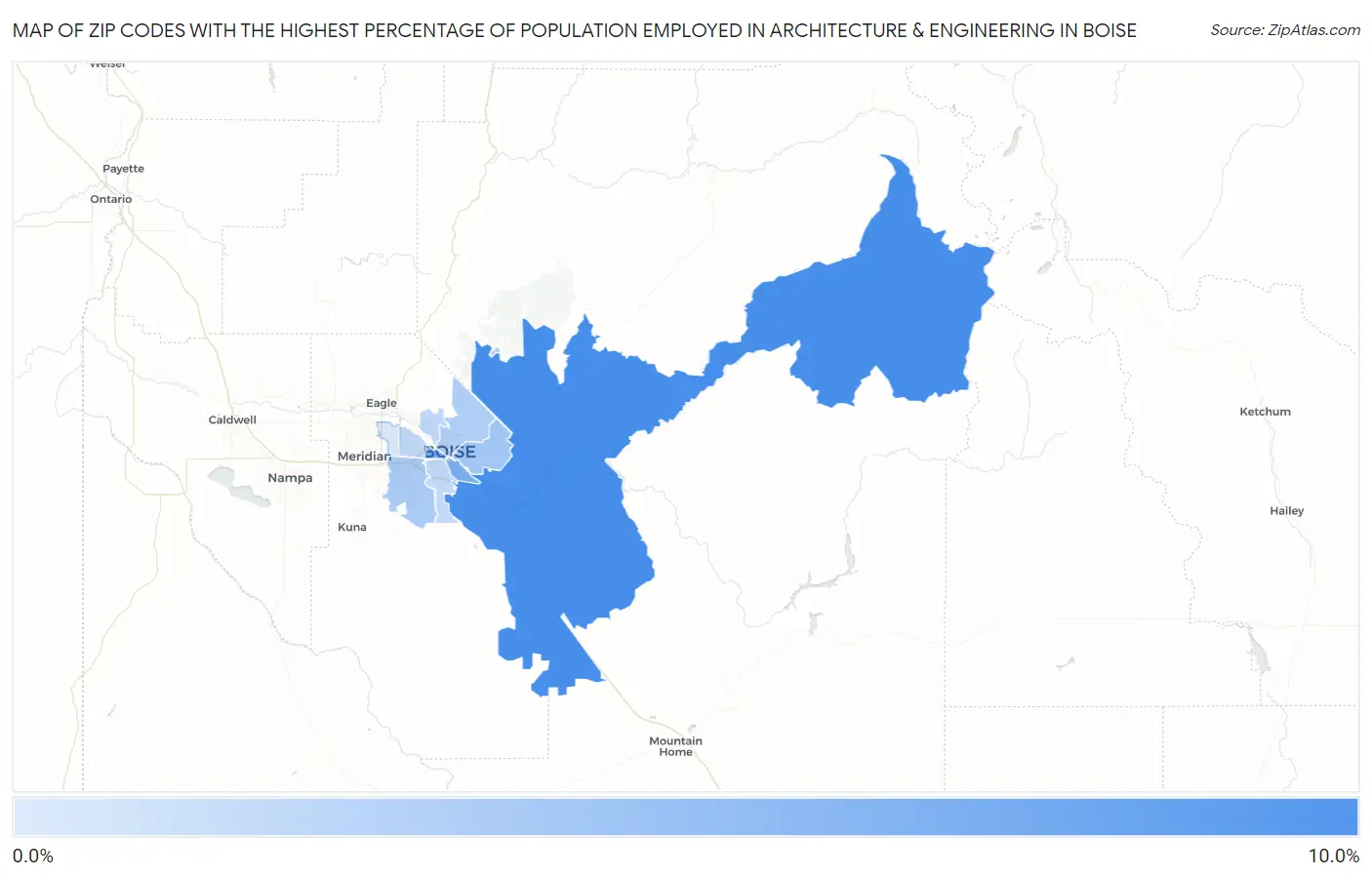 Zip Codes with the Highest Percentage of Population Employed in Architecture & Engineering in Boise Map