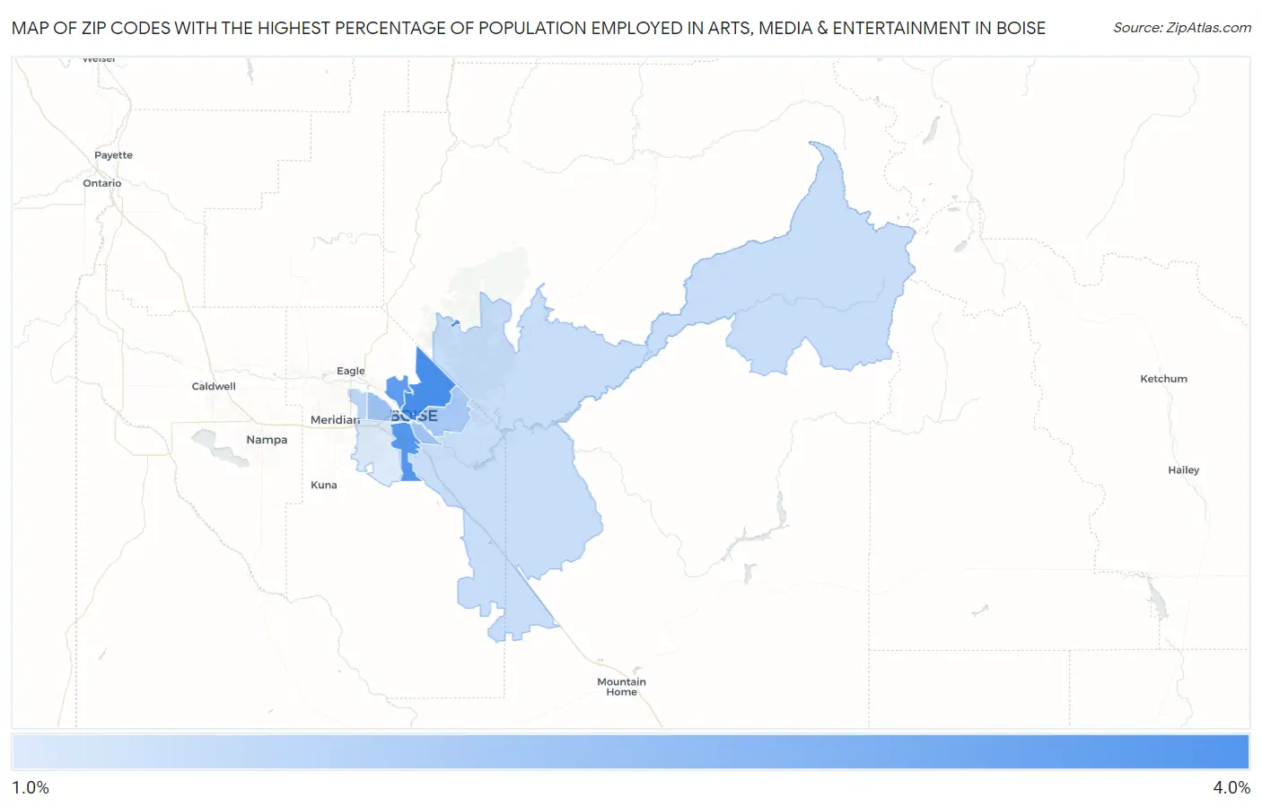 Zip Codes with the Highest Percentage of Population Employed in Arts, Media & Entertainment in Boise Map