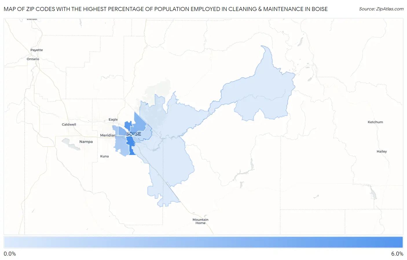 Zip Codes with the Highest Percentage of Population Employed in Cleaning & Maintenance in Boise Map