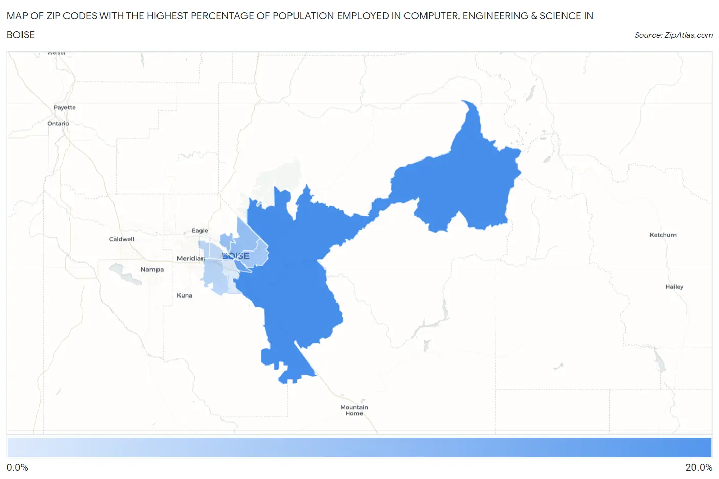 Zip Codes with the Highest Percentage of Population Employed in Computer, Engineering & Science in Boise Map