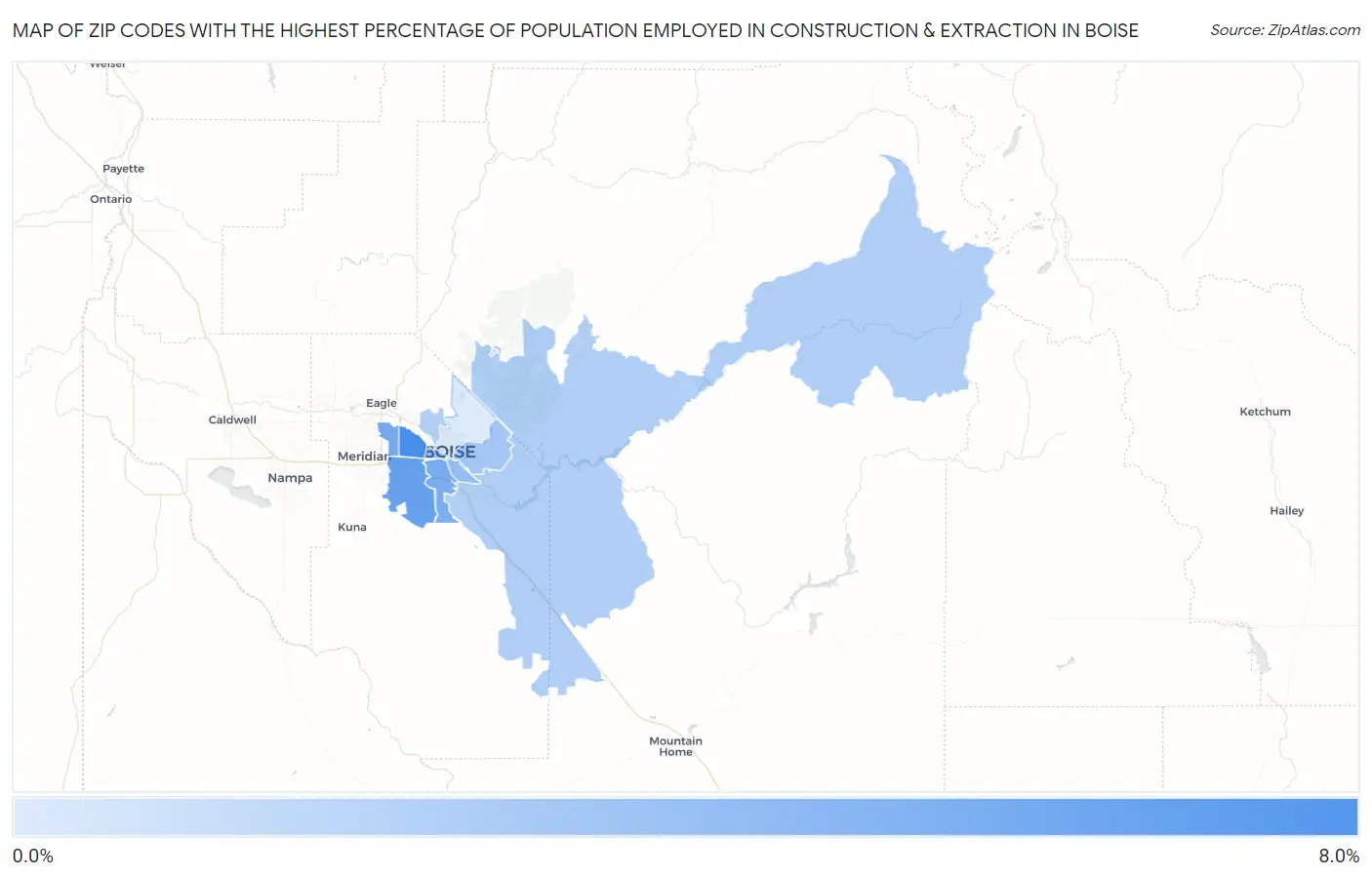 Zip Codes with the Highest Percentage of Population Employed in Construction & Extraction in Boise Map