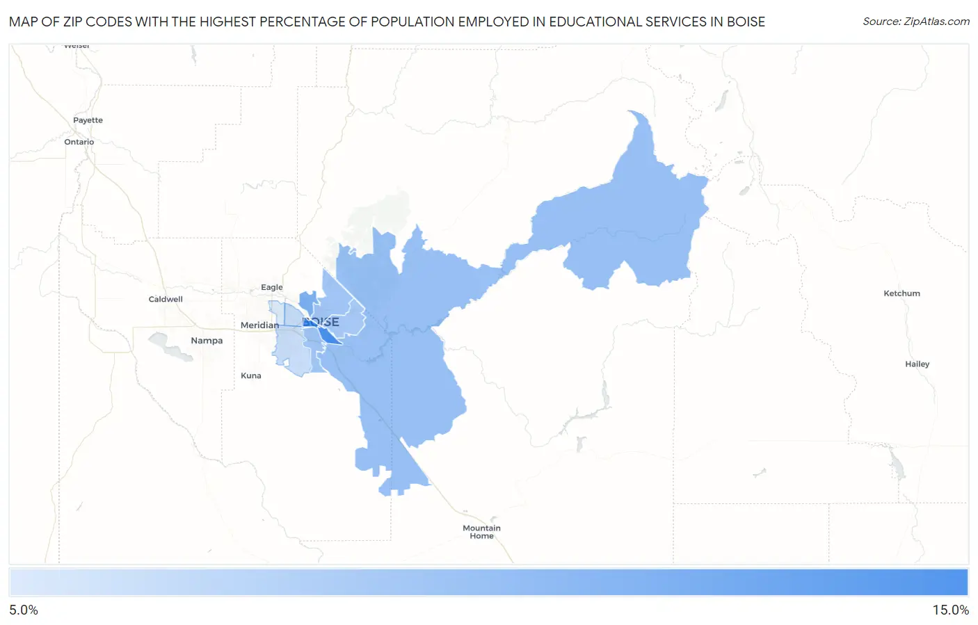 Zip Codes with the Highest Percentage of Population Employed in Educational Services in Boise Map