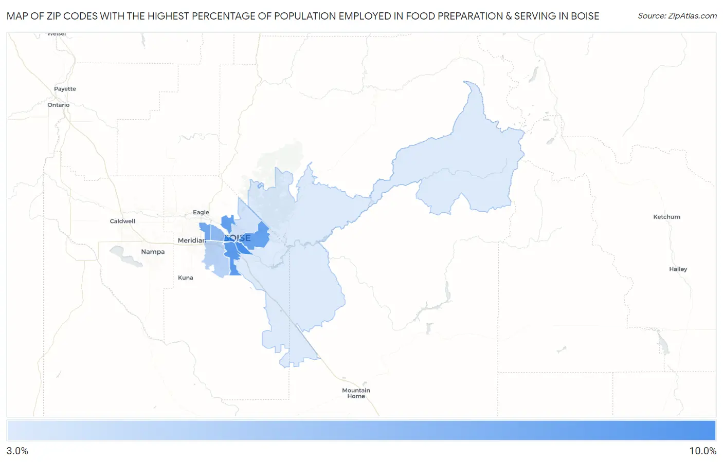 Zip Codes with the Highest Percentage of Population Employed in Food Preparation & Serving in Boise Map