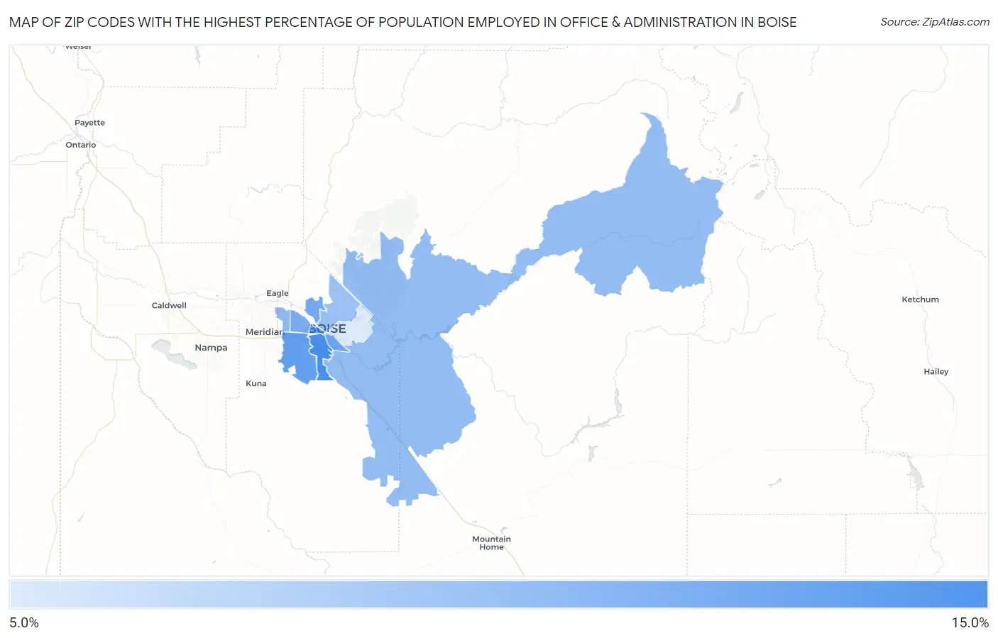 Zip Codes with the Highest Percentage of Population Employed in Office & Administration in Boise Map