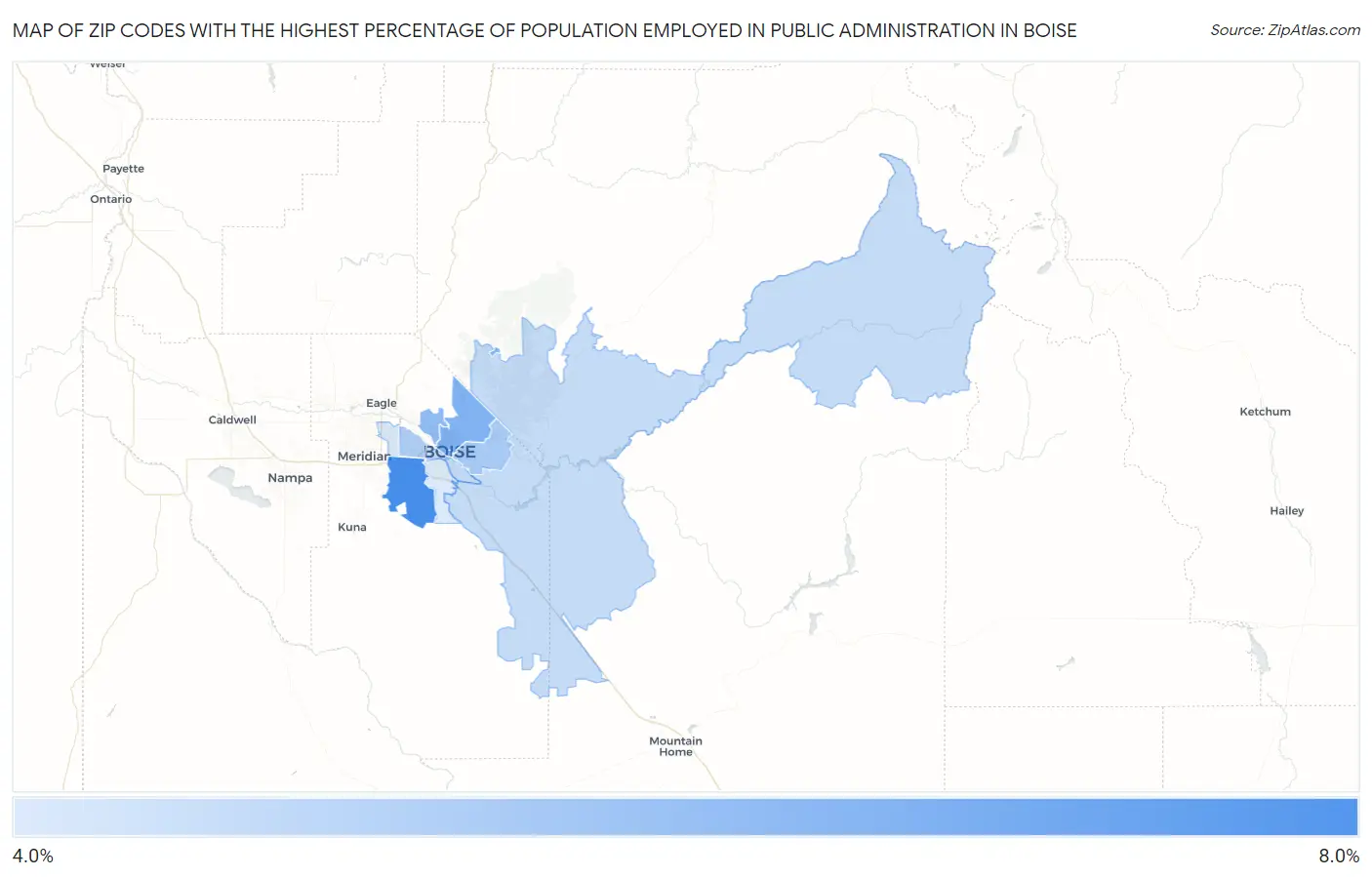 Zip Codes with the Highest Percentage of Population Employed in Public Administration in Boise Map