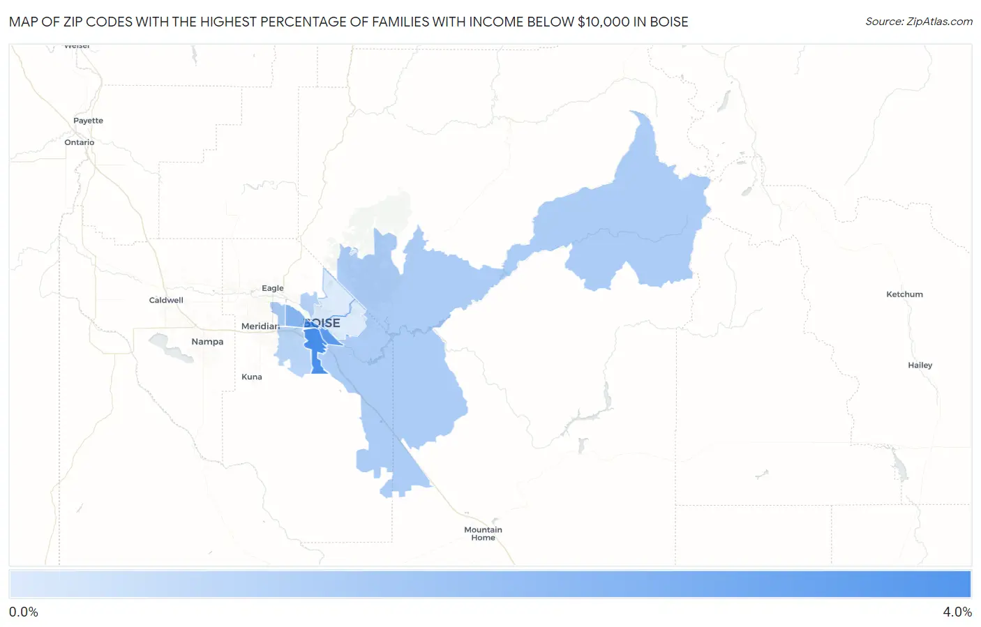 Zip Codes with the Highest Percentage of Families with Income Below $10,000 in Boise Map