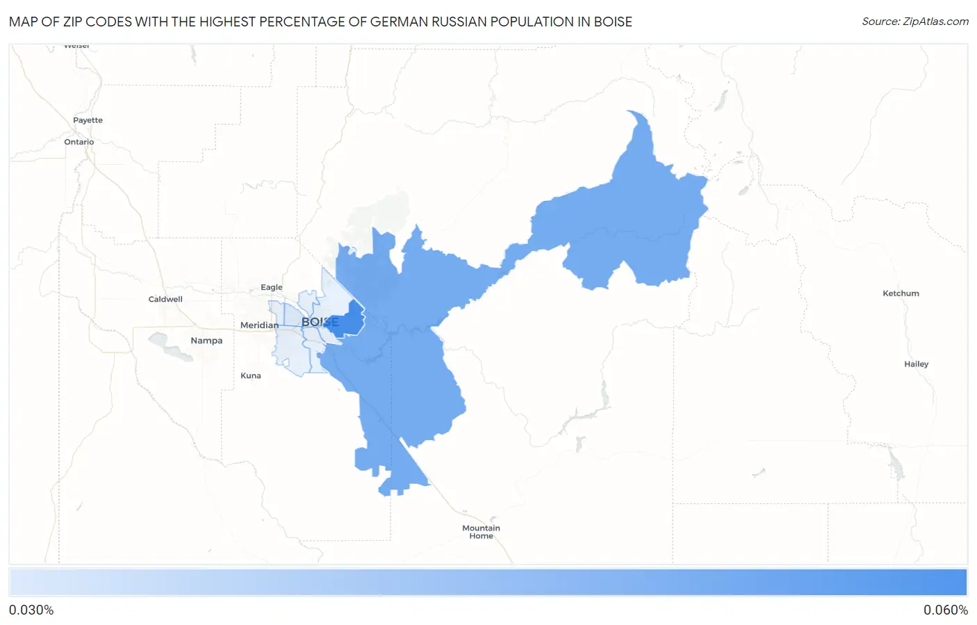 Zip Codes with the Highest Percentage of German Russian Population in Boise Map