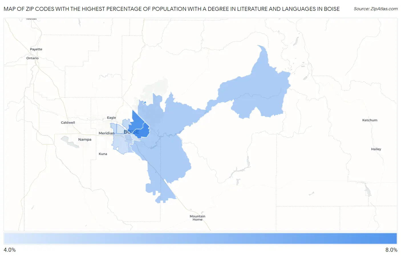 Zip Codes with the Highest Percentage of Population with a Degree in Literature and Languages in Boise Map